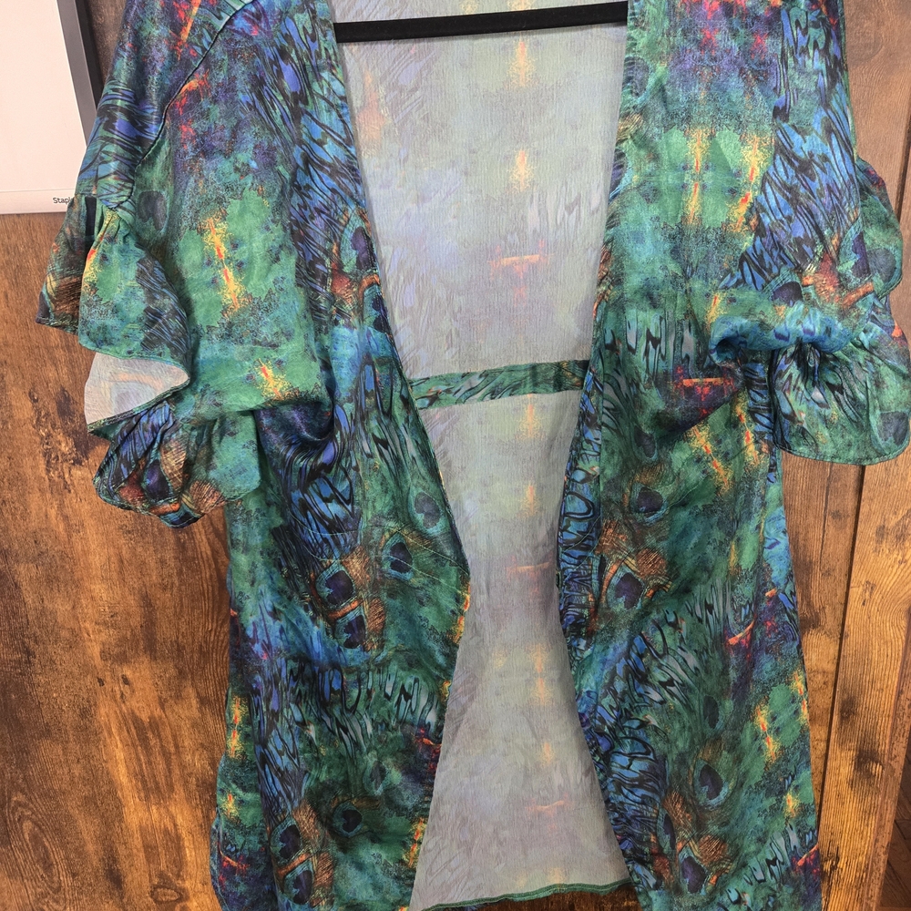 Green and Teal Peacock Print Kimono Cover-Up